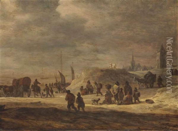 Fishermen And Peasants On A Beach With A Village Beyond Oil Painting - Adriaen Van Der Cabel