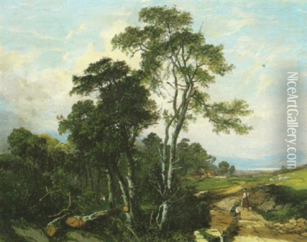 An Extensive Landscape With Figures On A Path In The Foreground, A Figure With A Fishing Pole Amongst The Trees And Houses Beyond Oil Painting - Edmund John Niemann