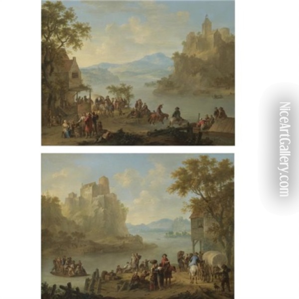 A Mountainous River Landscape With Numerous Figures On The Riverbank, Men Drinking In A Quayside Tavern Beyond (+ A Mountainous River Landscape With A Ferry Crowded With Figures Beneath A Castle; Pair Oil Painting - Franz de Paula Ferg