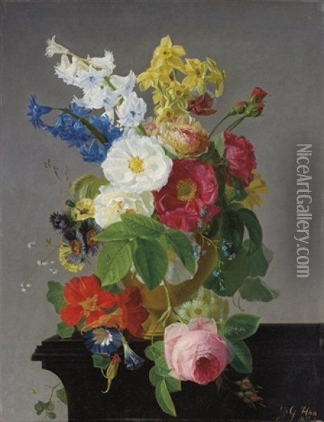 Camelias, Narcissi, Morning Glory, A Rose And Other Flowers Oil Painting - Jean Georges Hirn