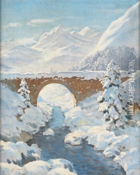 Le Pont Sous La Neige Oil Painting - Mikhail Guermacheff