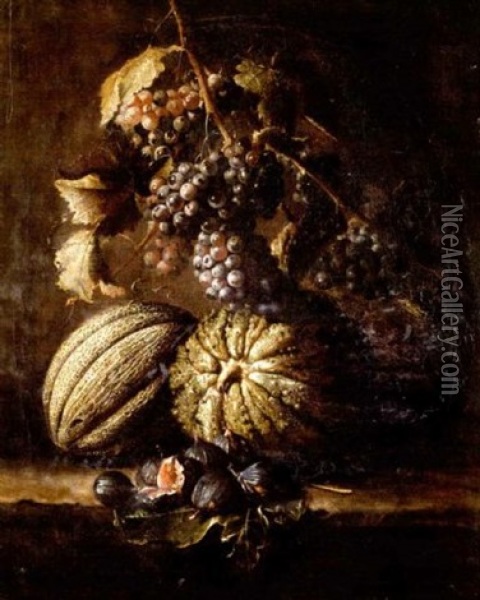 Melons, Grapes And Figs On A Ledge Oil Painting - Jan Thomas I Roos
