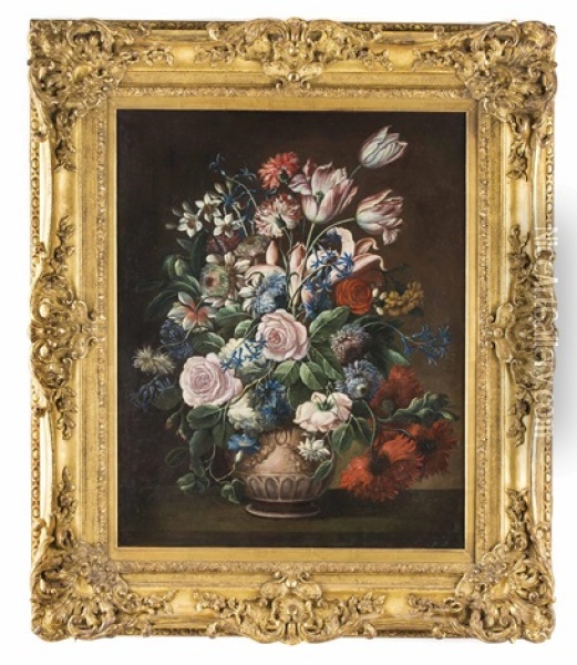 Blumenstillleben Mit Tulpen Und Rosen In Keramikvase Oil Painting - Simon Pietersz Verelst