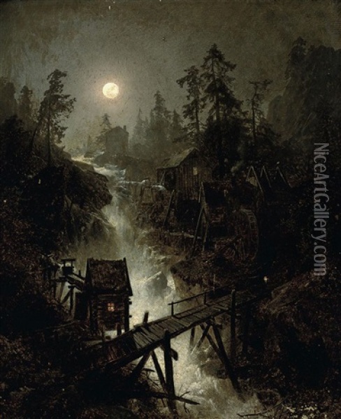 A Mining Town By Moonlight Oil Painting - Hermann Herzog