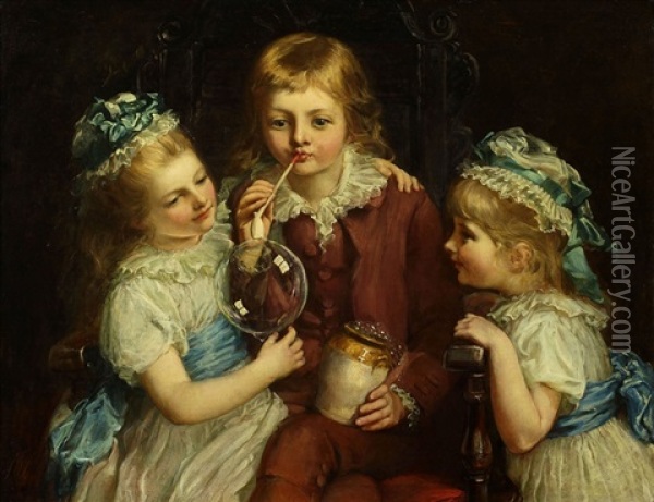 Children Making Bubbles Oil Painting - John Hanson Walker