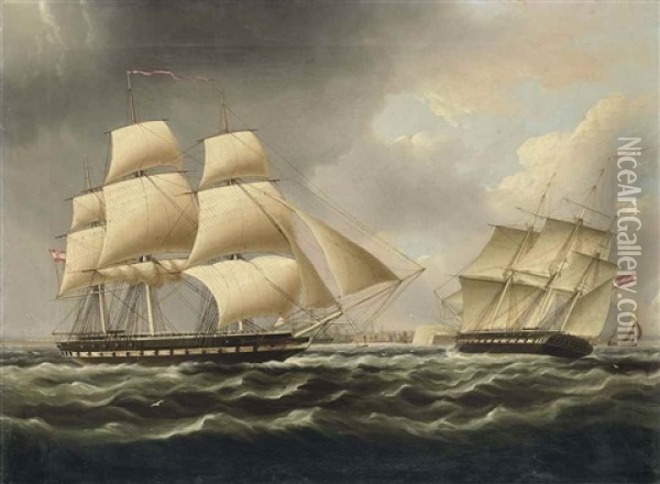 An Austrian Frigate In Two Positions Off The Harbour At Cadiz Oil Painting - Thomas Buttersworth