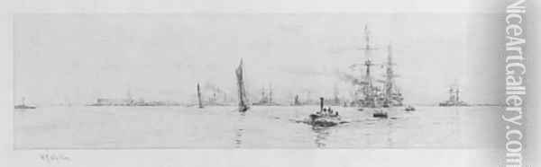 Battleships in Portsmouth Harbour Oil Painting - William Lionel Wyllie