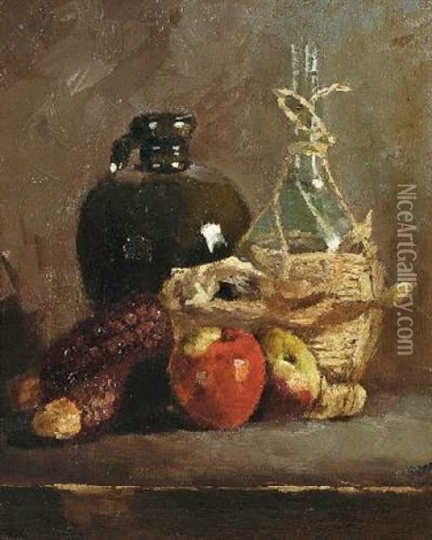 Stillleben Mit Apfeln, Mais, Krug Und Korbflasche Oil Painting - Theodor Alt