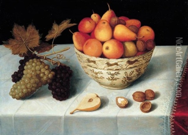 A Still Life Of Apples, Pears And Walnuts In A Porcelain Bowl Together With A Bunch Of Grapes, Walnuts And Half A Pear Resting On A Table Oil Painting - Pieter Binoit
