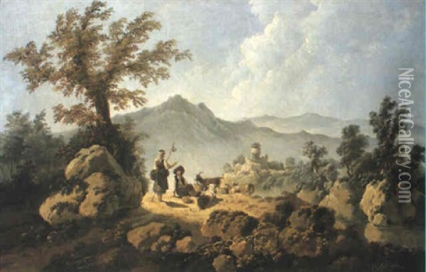 Rocky, River Landscape With A Peasant Girl And A Shepherd Boy Oil Painting - Jean Baptiste Pillement