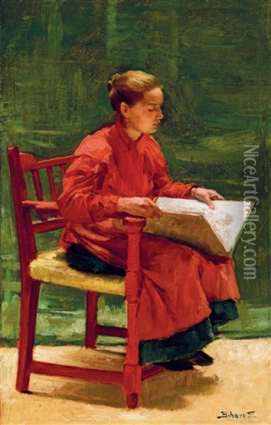 Girl With Sketch Book In The Studio In Szolnok Oil Painting - Sandor Alexander Bihari