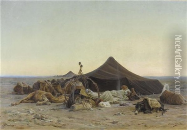 Rastende Beduinen Und Kamele In Der Wuste Oil Painting - Eugene Alexis Girardet