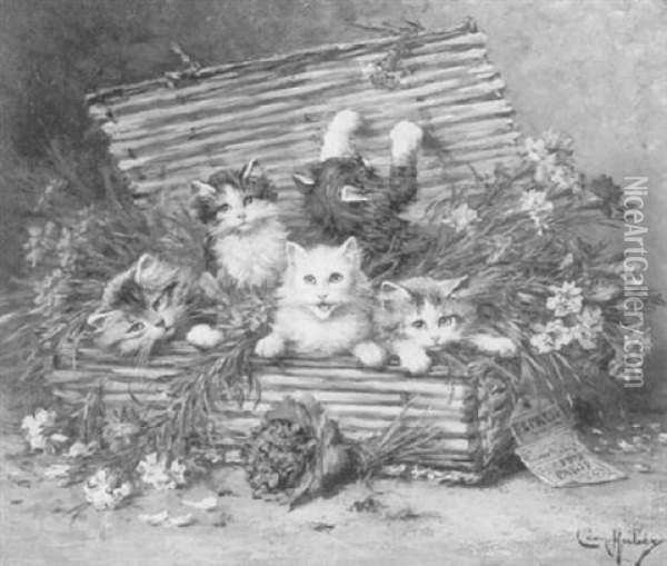 Five Kittens And Flowers In A Basket Oil Painting - Leon Charles Huber