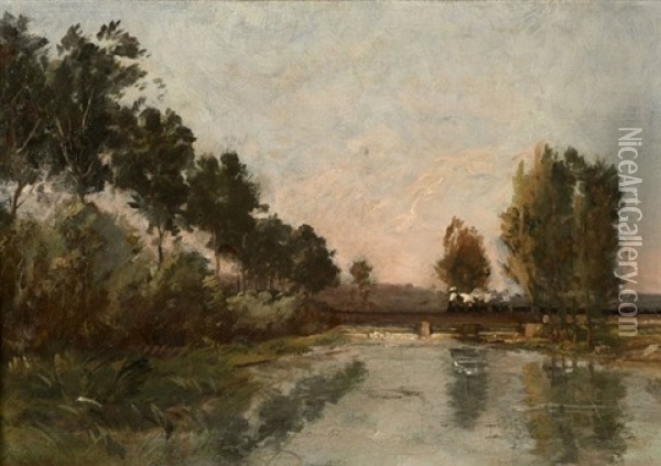 Train Traversant Une Riviere Oil Painting - Karl Pierre Daubigny