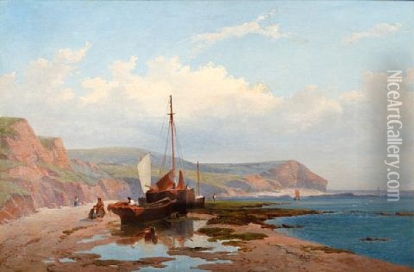 Coastal Scene With Beached Fishing Boat Oil Painting - William (of Plymouth) Williams