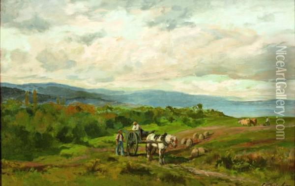 Heuvellandschap Met Paard En Wagen En Ploegende Boer Oil Painting - Clement Quinton