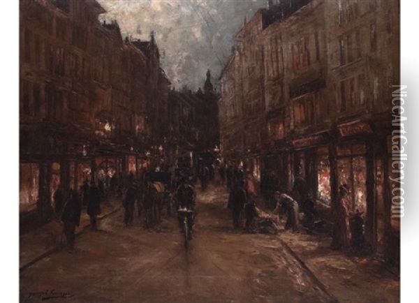 Nachtliche Strassenszene In Brussel Mit Beleuchteten Schaufenstern Oil Painting - Joseph Charles Francois