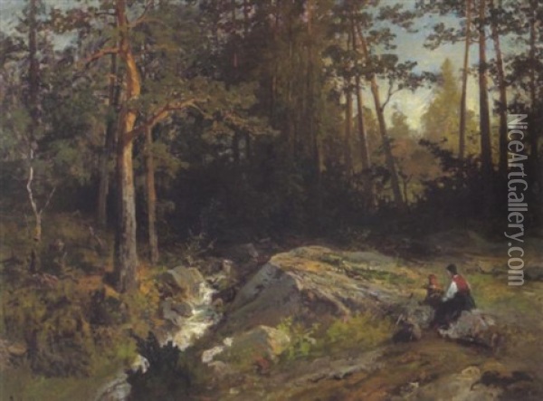 Waldlandschaft Mit Wasserlauf Und Figurlicher Staffage Oil Painting - Axel Wilhelm Nordgren