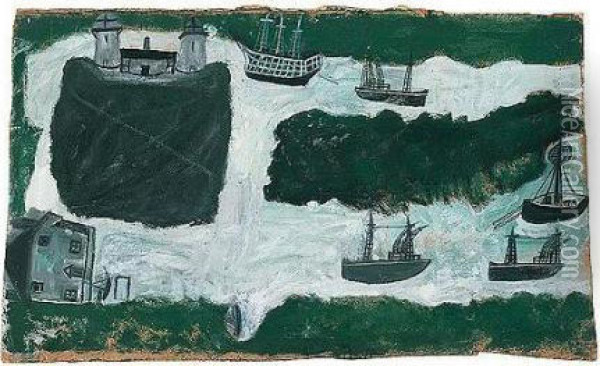 Cornish Coast With Boats In Harbour Oil Painting - Alfred Wallis