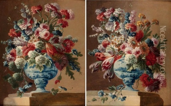 Bouquet De Fleurs Dans Un Vase De Faience (+ Another; 2 Works) Oil Painting - Gasparo Lopez