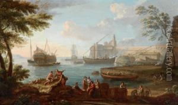 Porto Meridionale Con Navi E Vari Personaggi Oil Painting - Adriaen Manglard