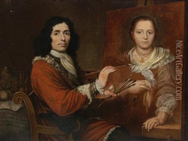 Self Portrait Of The Artist Painting His Wife Oil Painting - Giulio Quaglio the Elder