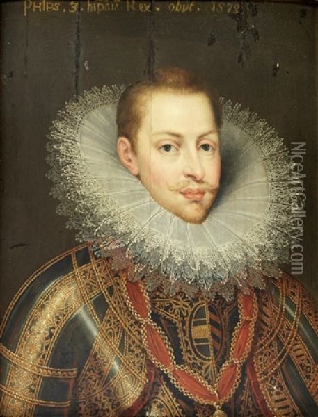 Portrait Of Philip Iii Of Spain, Bust-length, In Armour Wearing The Order Of The Golden Fleece; Portrait Of The Infanta Clara Eugenia, Sister Of King Philip Iii, Bust-length (pair) Oil Painting - Frans Pourbus the younger