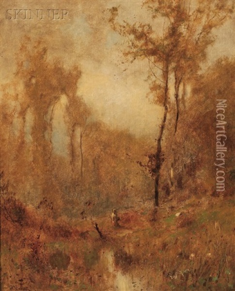 Autumn Landscape With Figure By A Pond Oil Painting - John Francis Murphy