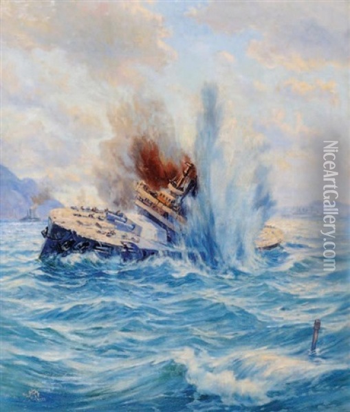 Ship On Storm Oil Painting - Bahriyeli Ismail Hakki