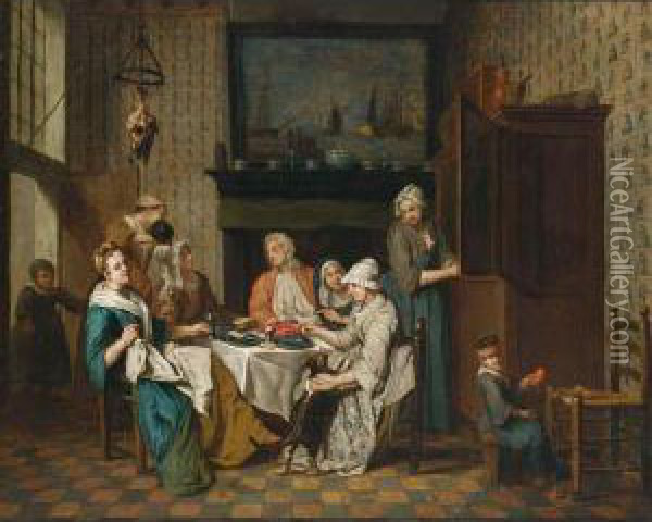 An Interior With An Elegant Company Dining, A Child Playing In The Right Foreground Oil Painting - Jan Jozef, the Younger Horemans