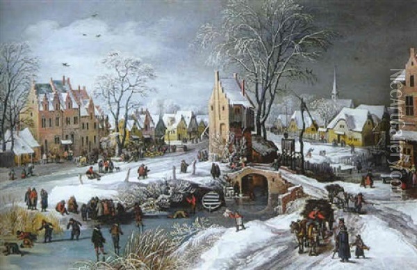 Vue De Village Anime En Hiver Oil Painting - Philips de Momper the Elder