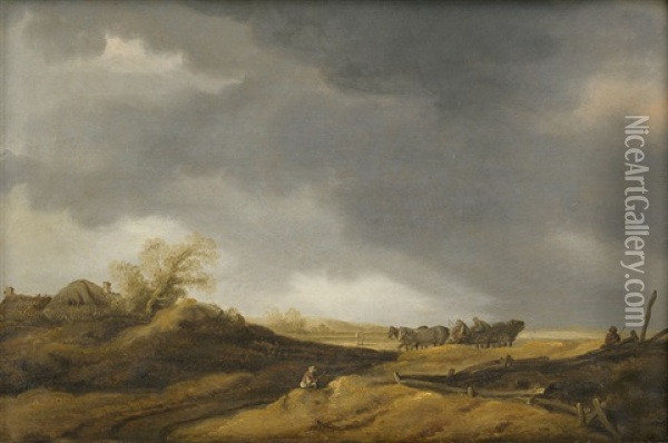 Landschaft Mit Heuwagen Und Einem Rastenden Wanderer Oil Painting - Jan Josefsz. van Goyen