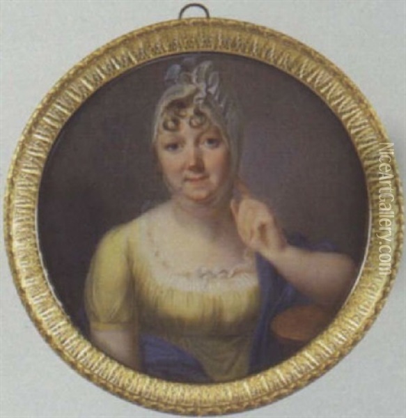 Femme De Qualite Accoudee, Portant Une Robe De Soie Jaune Bordee De Tulle, Cape Bleue Et Bonnet Blanc Ruche Oil Painting - Carl Friedrich Demiani