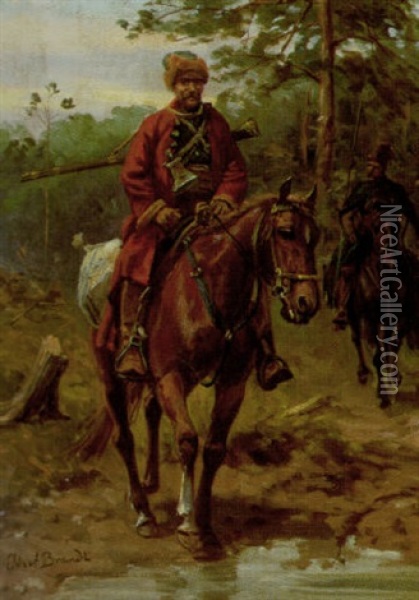 Zwei Kosaken Zu Pferd Oil Painting - Jozef Brandt