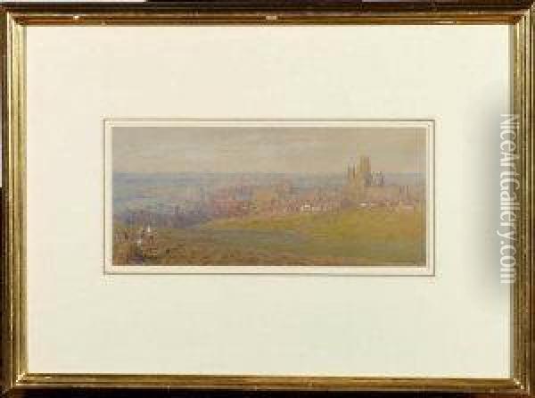 Durham City With Harvesters In The Fields In The Foreground Oil Painting - Albert Goodwin