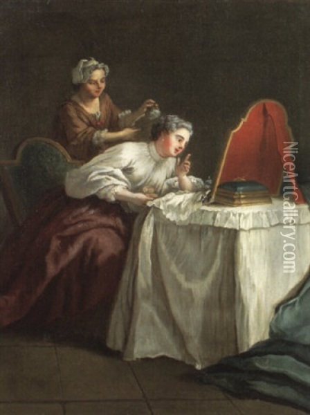 Femme Assise Devant Sa Coiffeuse Oil Painting - Etienne Jeaurat