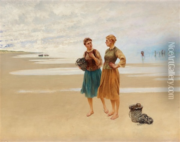 Strandmotiv Med Franska Fiskarflickor Oil Painting - August Vilhelm Nikolaus Hagborg