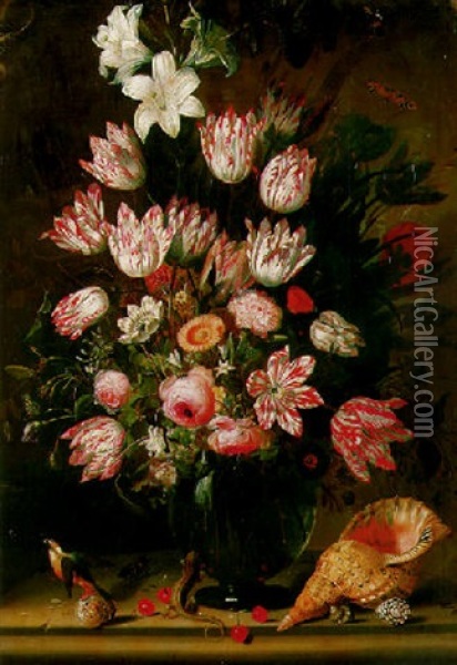 Parrot Tulips And Other Flowers In A Niche On A Stone Shelf With Shells, Cherries, A Lizard, A Beetle And Other Insects In A Recess Oil Painting - Jacob Marrel