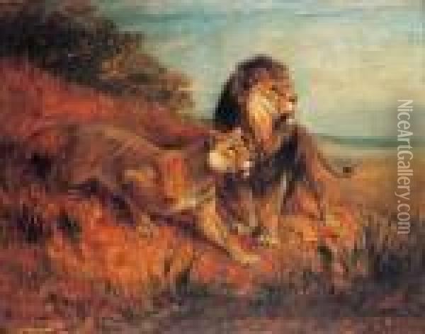 Lion And Lioness Oil Painting - Paul Friedrich Meyerheim