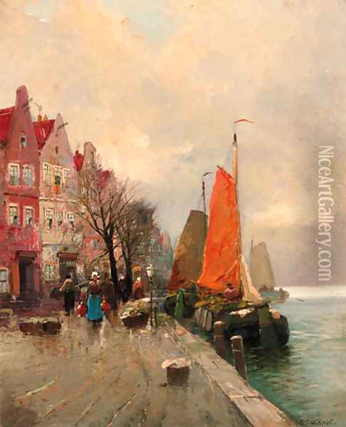 Figures on a Dutch quay Oil Painting - Georg Fischof