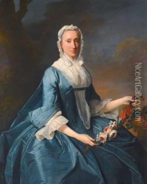 Portrait Of Miss Finch, Three-quarter Length, Seated, Holding A Garland Of Flowers Oil Painting - Allan Ramsay