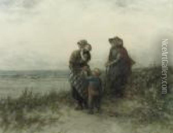 Fisherwomen Waiting In The Dunes Oil Painting - Elchanon Verveer
