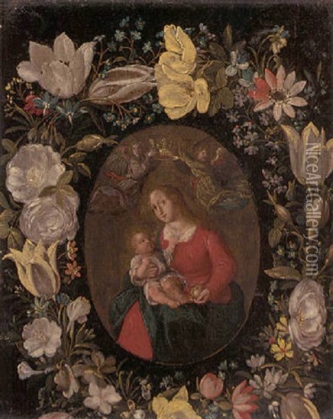 The Virgin And Child Set In A Feigned Cartouche Of Tulips, Roses And Other Flowers Oil Painting - Jan van Kessel the Younger