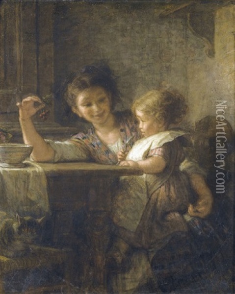 Zwei Madchen Beim Kirschenessen Oil Painting - Alfred van (Jacques) Muyden