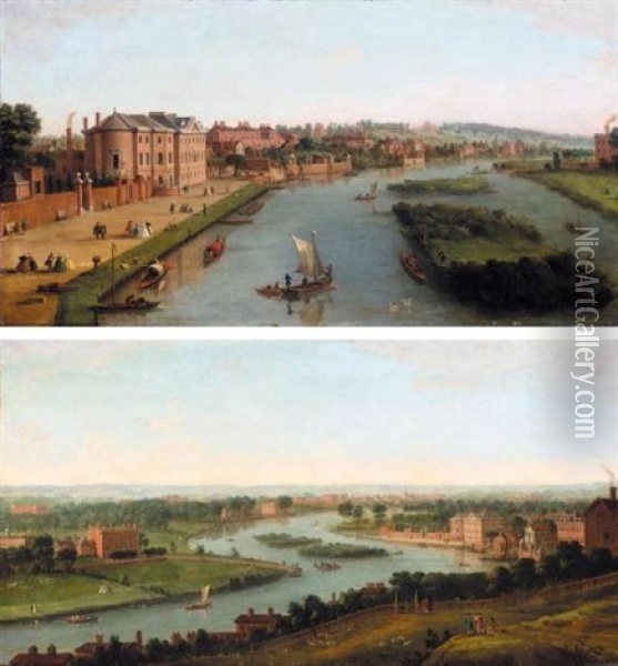 A View Of The Thames At Richmond And Cholmondeley House, With Elegant Figures On Cholmondeley House Walk (+ A View Of The Thames From Richmond Hill; Pair) Oil Painting - Antonio Joli