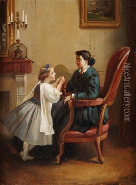 Jeune Fille Devant Sa Mere Oil Painting - Francois-Louis Lanfant