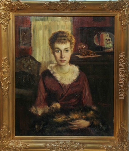 Halbportrait Einer Sitzenden Dame Im Roten Kleid Mit Katze Auf Ihrem Schos Oil Painting - Jacob Schikaneder