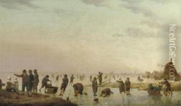 A Winter Landscape With Figures Skating And Sleighing Oil Painting - Hendrick Willelm Schweickhardt