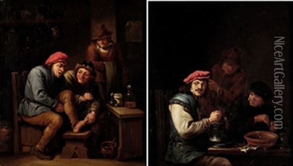 Bebedores De Cerveza Y El Callista (pair) Oil Painting - Abraham Teniers