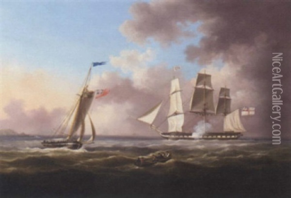 A Frigate Hove-to And Signalling For A Pilot Said To Be Off The Approaches Of Guernsey Oil Painting - Thomas Lyde Hornbrook